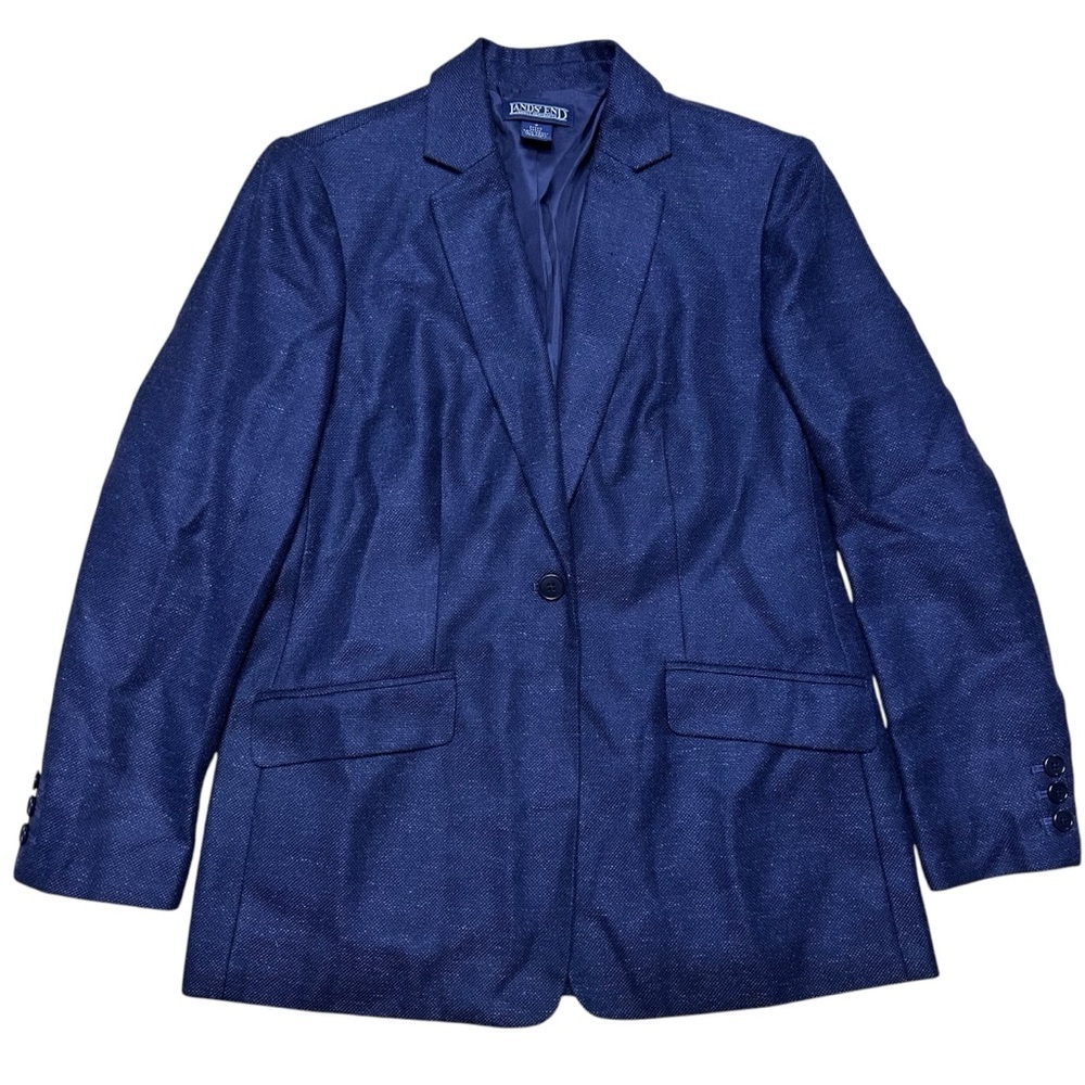 Lands’ End Blue Tweed Silk Linen Wool Blend One Button Blazer Jacket Size 2 Pet
